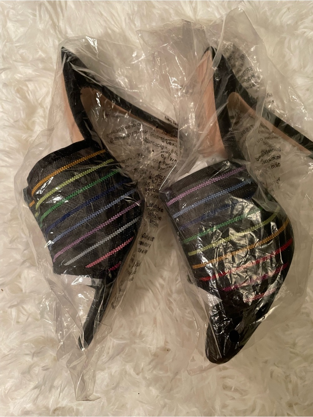 NEW ShoeDazzle Black Rainbow Striped Mesh Alexa Slide Mule Heels 4.5" Size 7